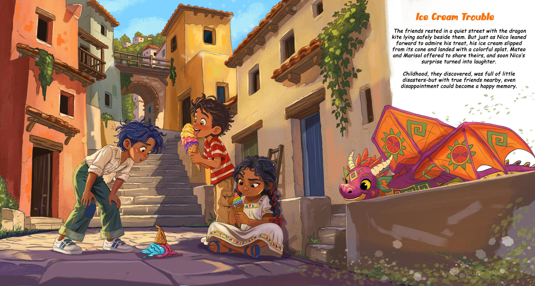 Colorful children's book illustration of Marisol, Mateo, and Nico enjoying ice cream on a warm village street beside their resting dragon kite while one dropped scoop melts on the cobblestones.