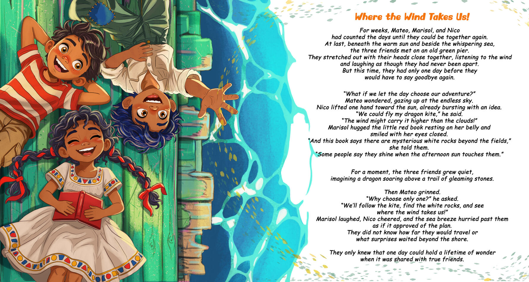 Bird’s-eye-view storybook illustration of Mateo, Marisol, and Nico lying together on a weathered turquoise wooden pier beside bright blue ocean water. Their heads meet near the center as they smile and plan their day; Marisol holds an open red book while N