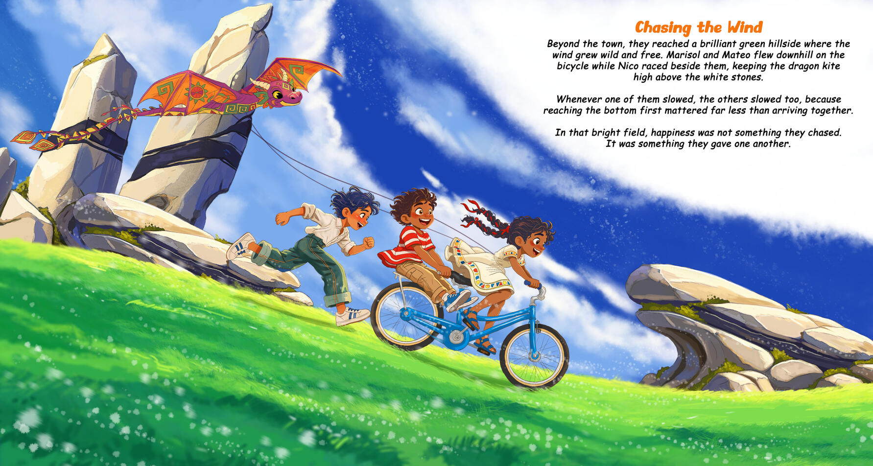 Colorful children’s book illustration of three joyful friends racing down a bright green hill, with two children riding a blue bicycle, one boy running beside them, and a dragon-shaped kite flying overhead.