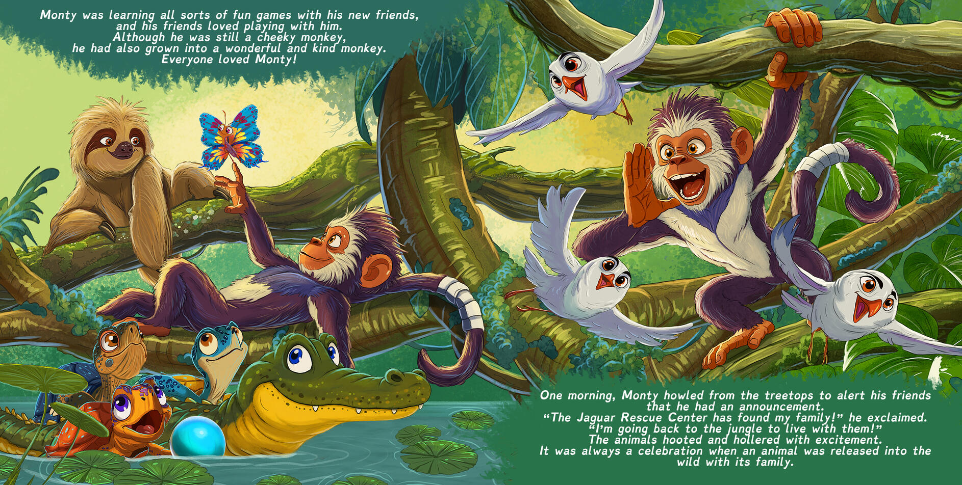 Colorful children's book illustration of Monty playing with his rainforest friends, including a sloth, tropical birds, turtles, a frog, a butterfly, and a friendly caiman.