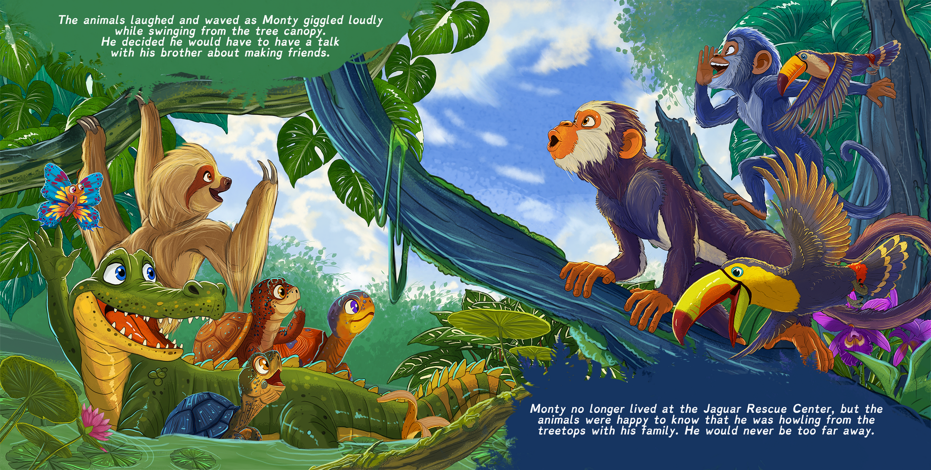 Final children's book spread showing Monty calling goodbye from the rainforest treetops as his animal friends, including Lola the sloth, Katie the caiman, turtles, tropical birds, and a butterfly, wave from below.