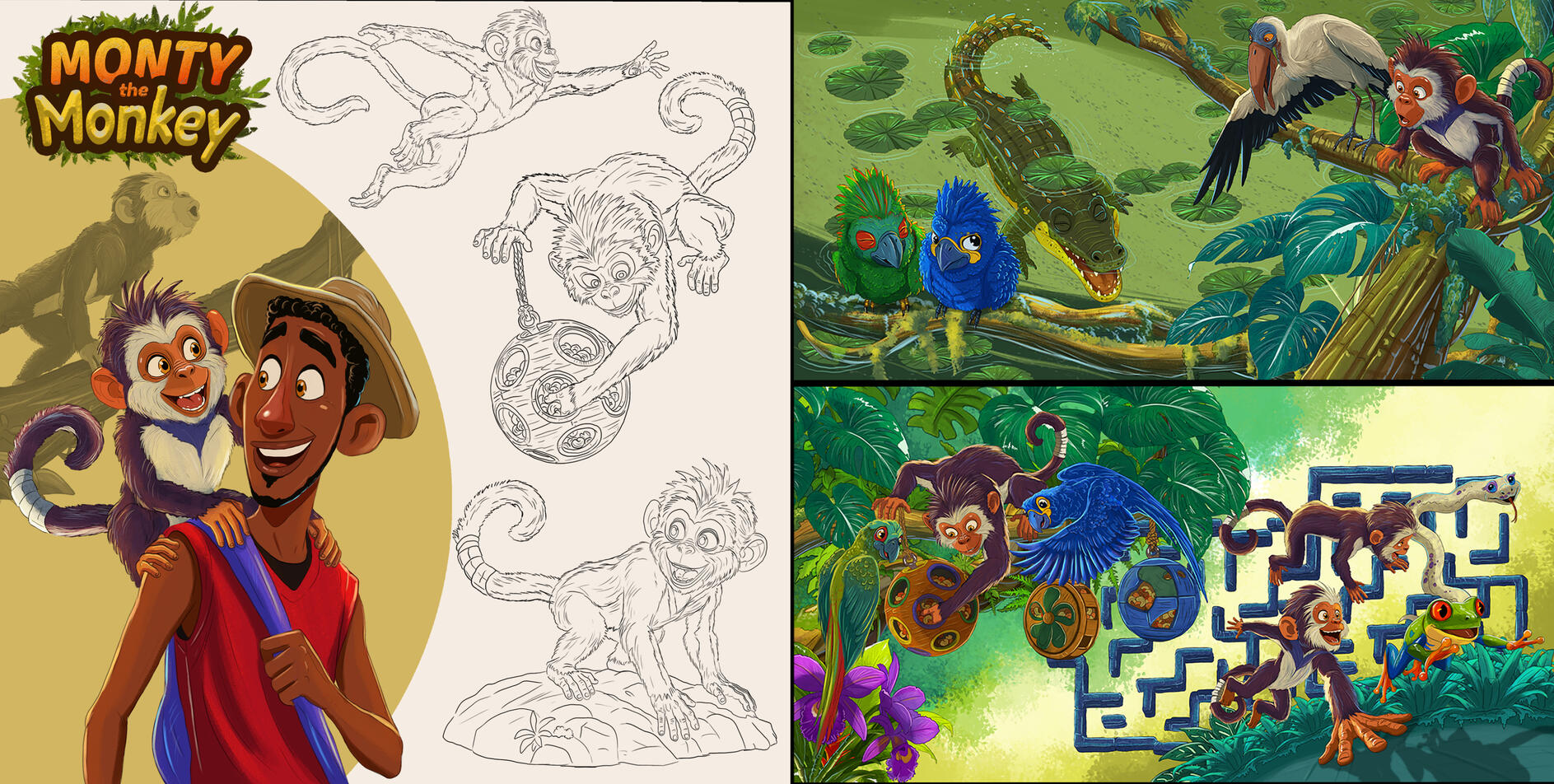Children's book character presentation featuring sketches and finished illustrations of Monty the Monkey in expressive poses alongside colorful rainforest scenes and animal characters.