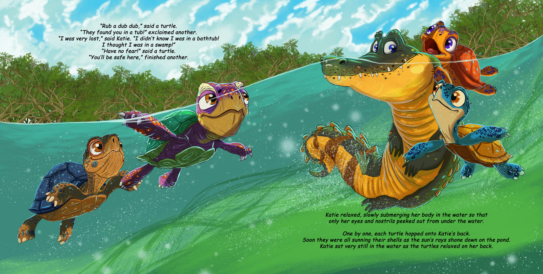 Colorful children's book illustration of Katie the caiman walking through a sunny tropical landscape with several cheerful turtles riding on her back.