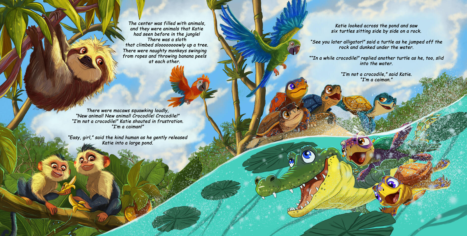 Colorful children's book illustration of Katie the caiman at the Jaguar Rescue Center, surrounded by lush rainforest plants, a pond, and other rescued animals.