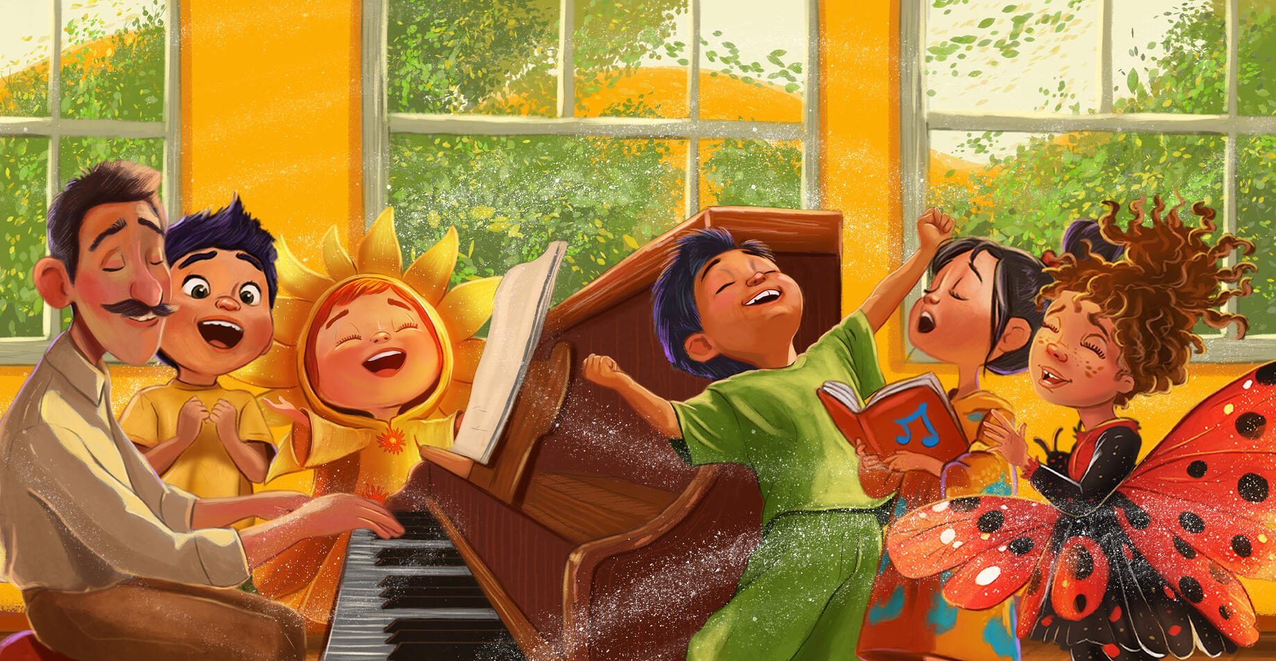 Colorful children's book illustration of a lively music class with children singing, playing instruments, and performing together inside a bright classroom.