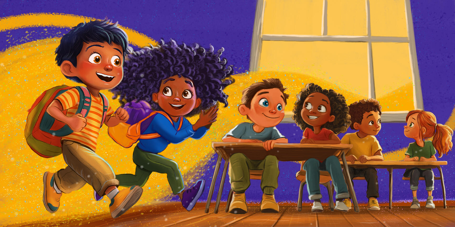 Colorful children’s book illustration of two excited students running into a bright classroom while a diverse group of children sits together at wooden desks.