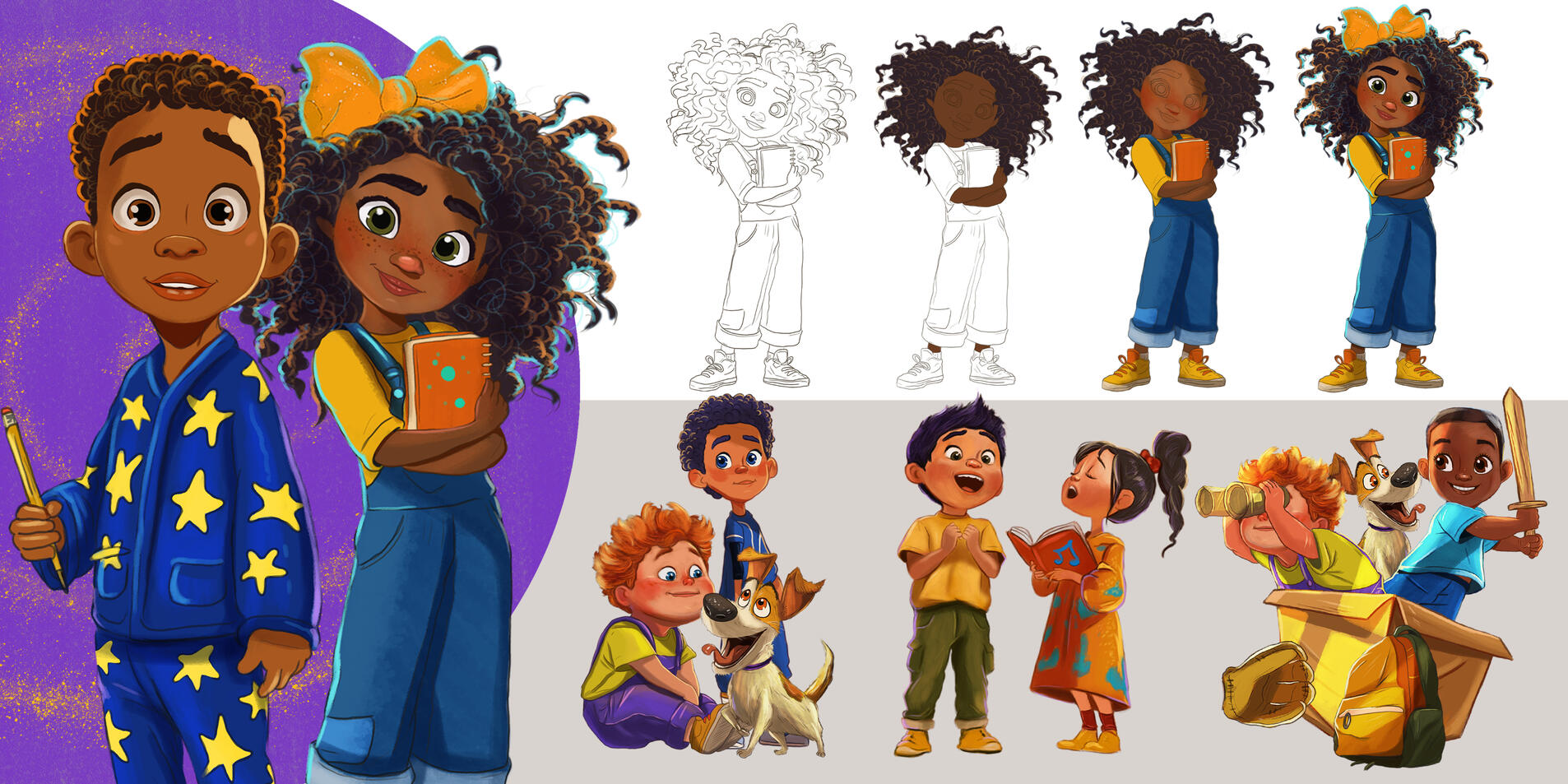 Children's character-design sheet featuring a diverse group of boys and girls in varied clothing, poses, and expressions created for children's publishing.