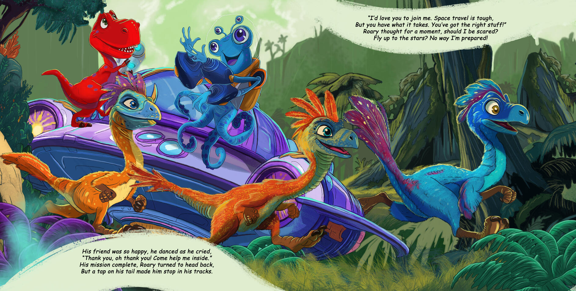 Children's book illustration of Roary the T. rex helping a small alien friend near a spacecraft in a colorful prehistoric setting.