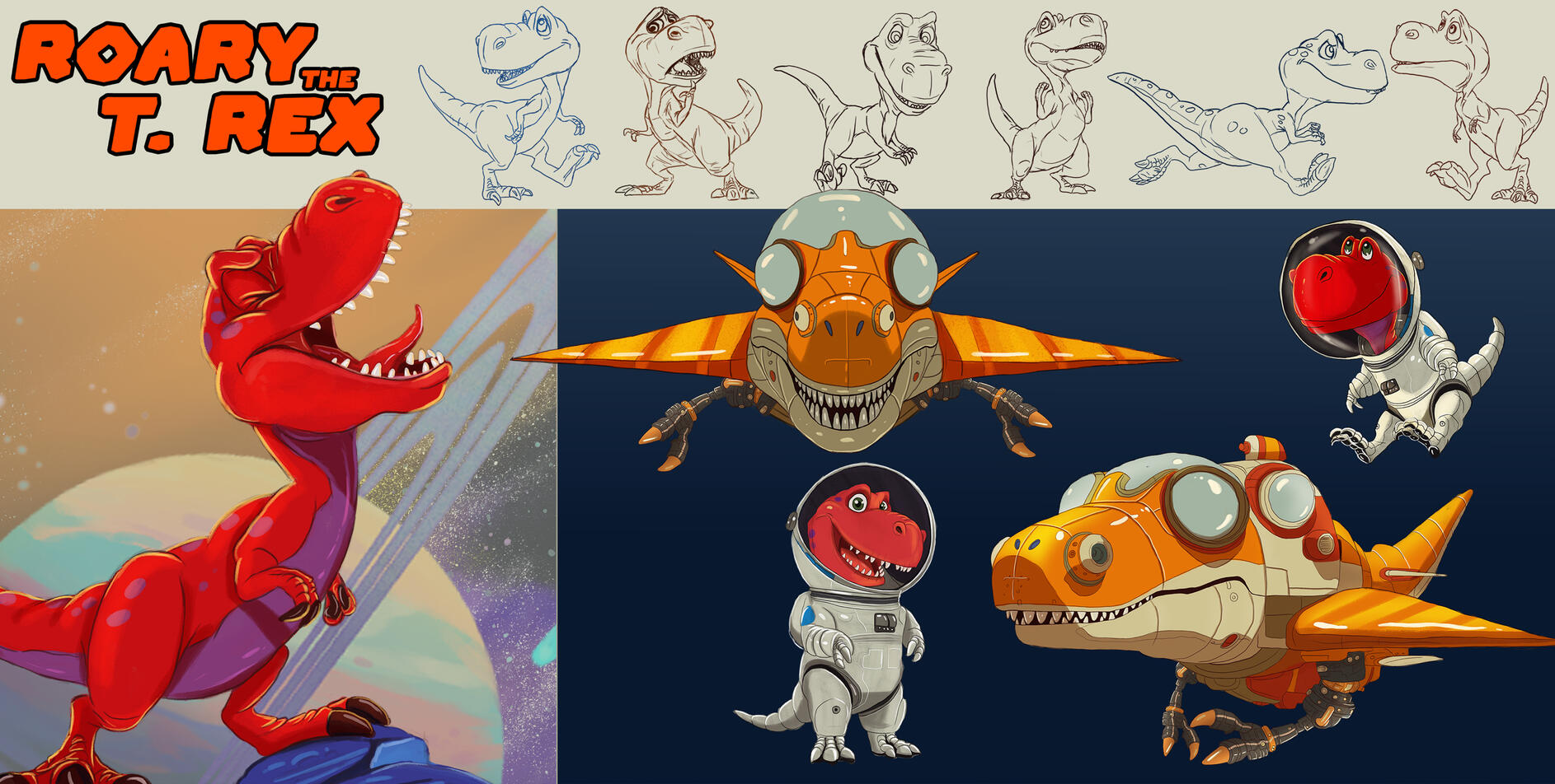 Children's book character-development sheet featuring Roary the T. rex in multiple sketches, expressions, poses, and polished color illustrations.