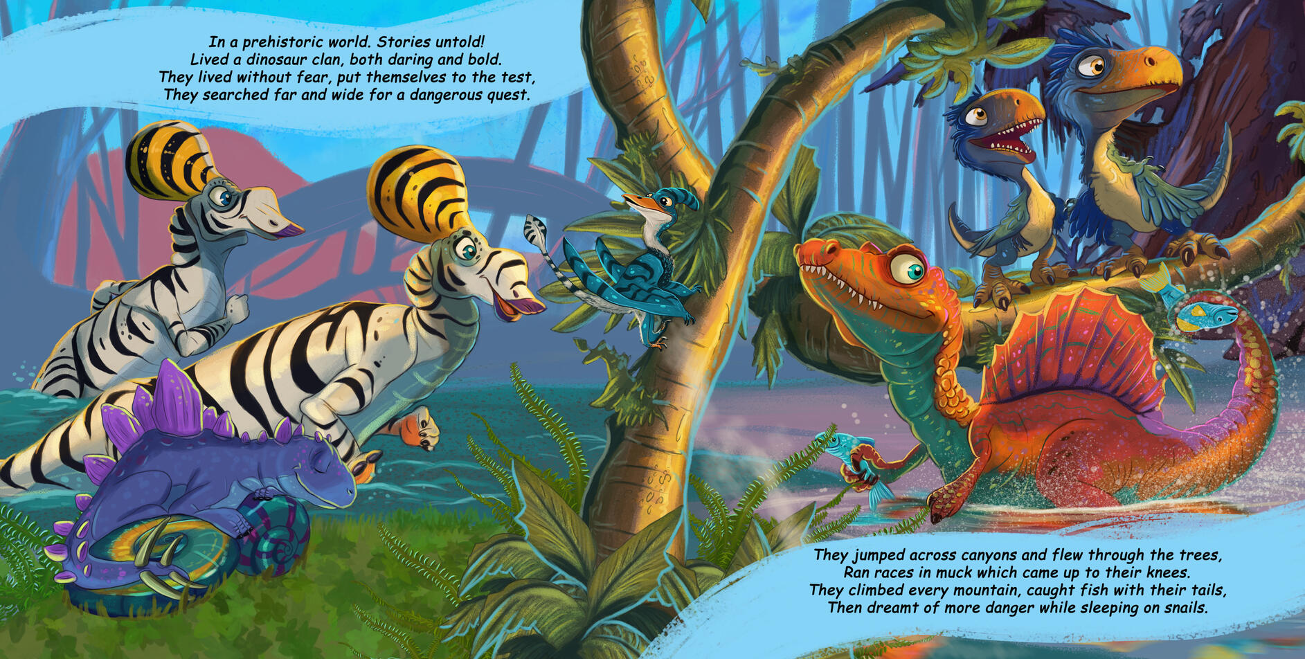 Children's book illustration featuring a colorful group of friendly dinosaur characters gathered together in a prehistoric landscape.