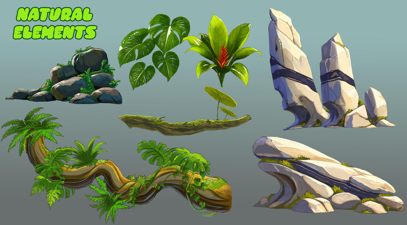 Illustration study featuring a varied collection of stylized rocks, flowering plants, bushes, grasses, and trees designed for colorful children's book environments.