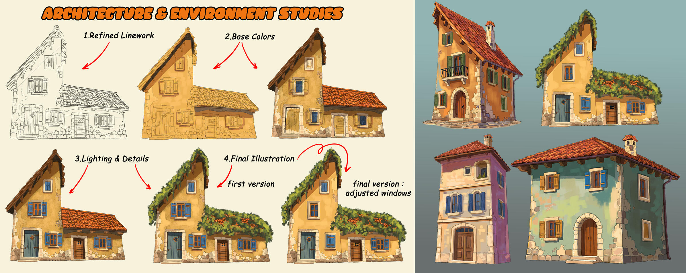Architecture process presentation showing six stages of the same illustrated building, progressing from a rough sketch through structure, color, lighting, details, and a polished final design.